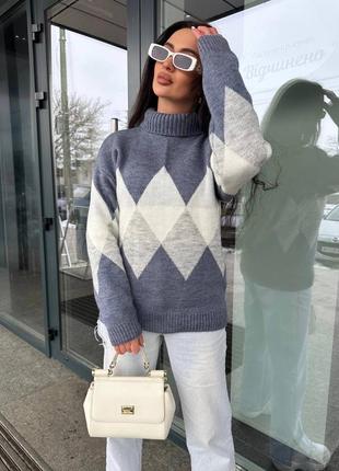 Теплий жіночий светр з ромбиками з підворотом зимовий2 фото