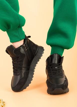 Женские зимние черные кроссовки на платформе утепленные зима