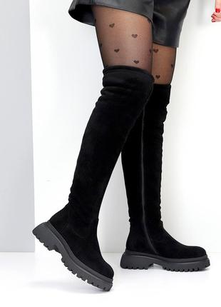 Чорні жіночі ботфорти зимові чоботи панчохи теплі на хутрі натуральне хутро еко-замша зима