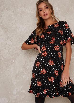Черное платье в принт цветок 🌸горошек chi chi london(размер 12-14)