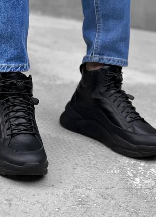 Зимние  мужские ботинки  кроссовки черные из натуральной кожи с мехом5 фото