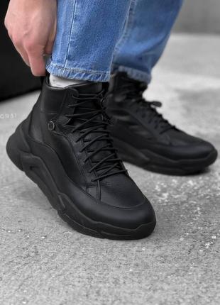 Зимние  мужские ботинки  кроссовки черные из натуральной кожи с мехом1 фото