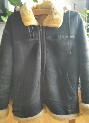 Куртка пілот дублянкка з овчини чоловіча з капюшоном  в-31 фото