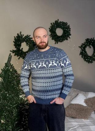Светр новорічний чоловічий. светр з оленями синій різдвяний