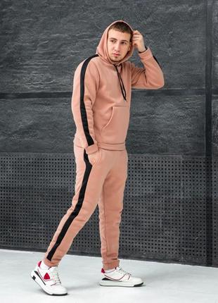 Чоловічий теплий бежевий з чорними лампасами спортивний костюм тринитка на флісі для хлопця