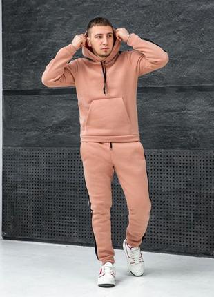 Чоловічий теплий бежевий з чорними лампасами спортивний костюм тринитка на флісі для хлопця