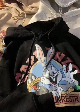 Жіноча тепла кофта-худі з малюнком looney tunes розмір oversize 42-48