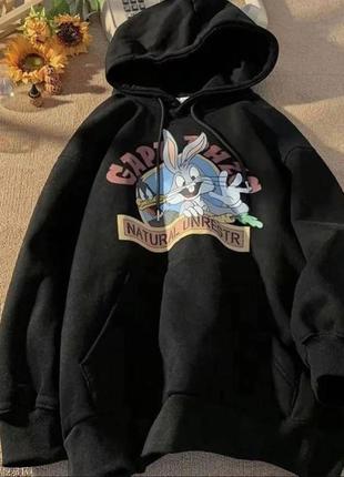 Женская теплая кофта-худи с рисунком looney tunes размер oversize 42-482 фото