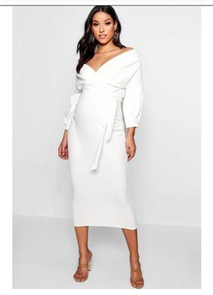 Шикарное белое платье миди на плече с объемными рукавами для беременных/платье