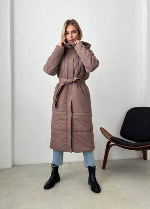 Зимняя удлиненная куртка пальто с поясом водостойкая плащевка, матовая, силикон 2501 фото