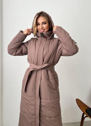 Зимняя удлиненная куртка пальто с поясом водостойкая плащевка, матовая, силикон 2502 фото