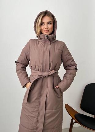 Зимняя удлиненная куртка пальто с поясом водостойкая плащевка, матовая, силикон 2503 фото