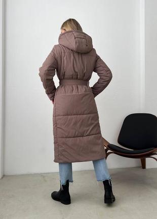 Зимняя удлиненная куртка пальто с поясом водостойкая плащевка, матовая, силикон 2506 фото