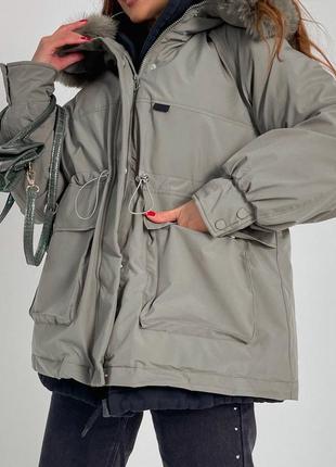 Жіноча стильна парка зимова куртка на холофайбері з пухнастим капюшоном5 фото