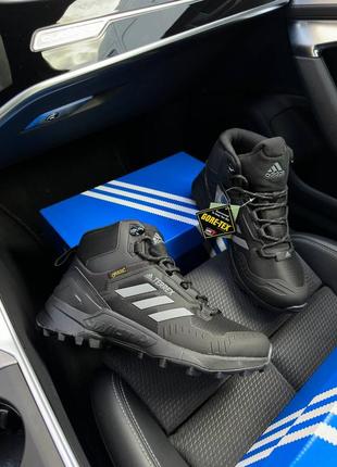 Зимові чоловічі кросівки adidas terrrex swift r gore tex fur all black grey stripes