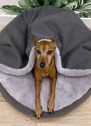 Лежак для собак та котів lounge gray з капюшоном s - діаметр 60см2 фото