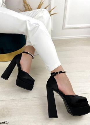 Туфли на высоком каблуке устойчивом широком черные шелк атлас медцза братс версаче versace1 фото