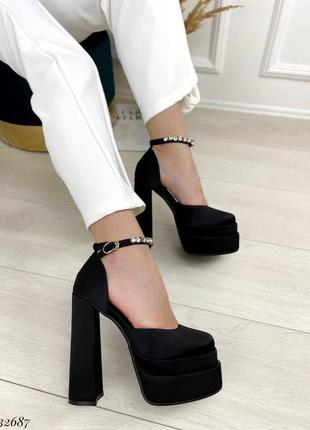 Туфли на высоком каблуке устойчивом широком черные шелк атлас медцза братс версаче versace2 фото