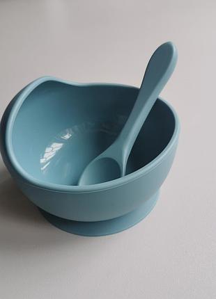 Силиконовая детская тарелка на присоске с ложкой smoke blue