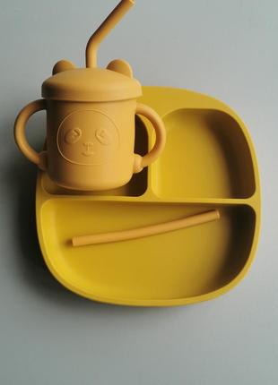Детская силиконовая секционная тарелка на присоске поильник с двумя трубочками