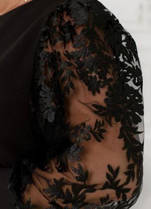 Платье женское миди, нарядное, с объемными рукавами с кружевом с вышивкой, батал, черное3 фото