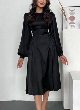 Вечірня святкова чорна шовкова сукня міді з зав’язками в корсетному стилі🖤
