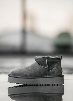 Женские замшевые угги ультра мини, ugg ultra mini platform 3.5 см. серые, овчина. премиум