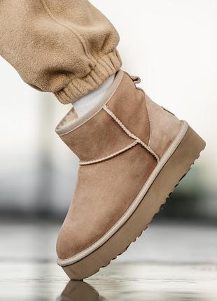 Женские замшевые угги ультра мини, ugg ultra mini platform 3.5 см. коричневые, овчина. премиум.