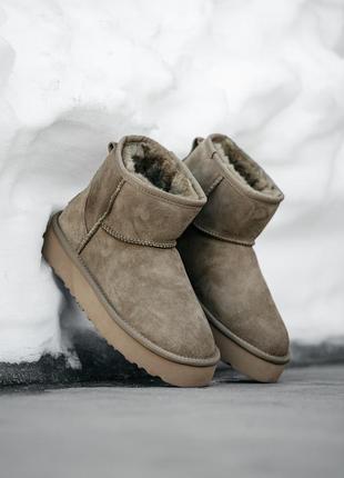 Женские замшевые угги мини, ugg ultra mini platform 3.5 см. коричневые, овчина. премиум.1 фото