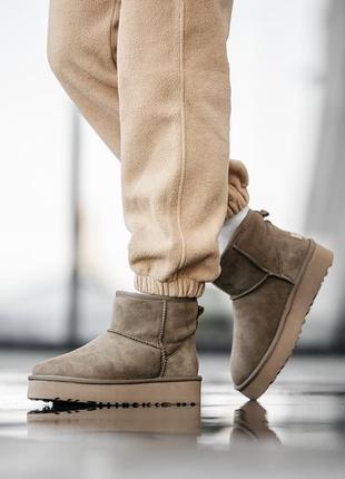 Женские замшевые угги мини, ugg ultra mini platform 3.5 см. коричневые, овчина. премиум.2 фото