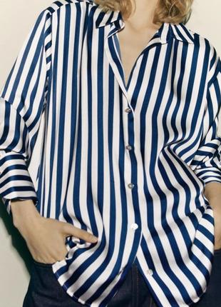 Блуза блузка zara в полоску полоскатая синяя в белую полоску
