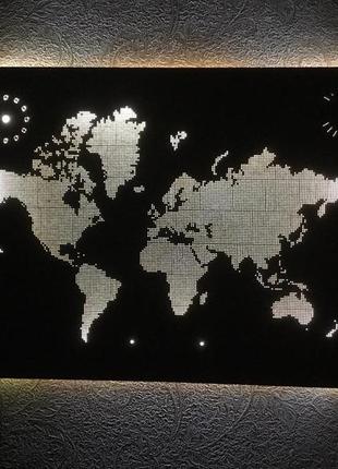 Деревянная карта мира картина с led-подсветкой.