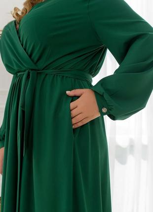 Платье - макси женское, длинное, в пол, с длинным рукавом, батал, однотонное, зеленое3 фото