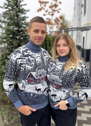 Новогодний рождественский свитер с оленями парные свитера женский мужской унисекс к71035 фото
