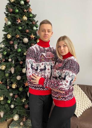 Парні светри унісекс новорічний різдвяний светр з оленями жіночий к7101