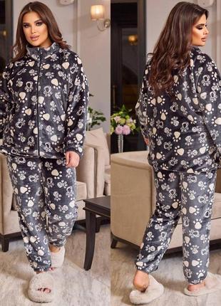 Жіночий теплий домашній костюм у піжамному стилі принт лапки теплий гарний одяг для дому та сну колір графіт5 фото