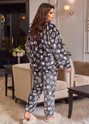 Жіночий теплий домашній костюм у піжамному стилі принт лапки теплий гарний одяг для дому та сну колір графіт3 фото