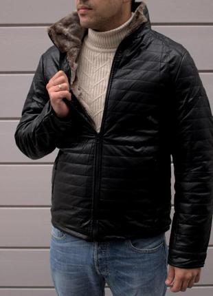 Мужская зимняя кожаная куртка на меху черная до -25*с косуха с мехом   (bon)