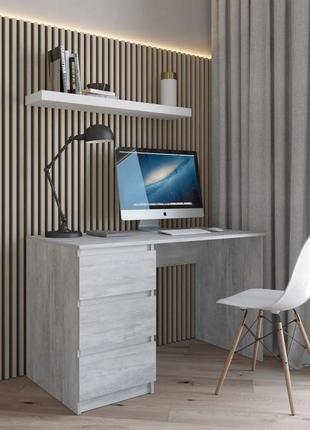 Компьютерный стол, письменный стол с тумбой слева на три выдвижных ящика c фасадами без ручек r-13 бетон/б пла