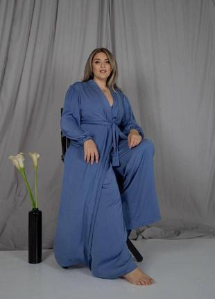 Женский костюм diana в пижамном стиле для дома и сна комплект тройка бра халат штаны ткань шелк вискоза2 фото