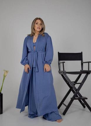 Женский костюм diana в пижамном стиле для дома и сна комплект тройка бра халат штаны ткань шелк вискоза5 фото