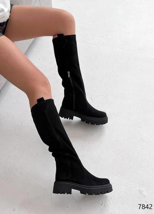 Модні чорні жіночі високі чоботи на масивній підошві,замшеві/натуральна замша-жіноче взуття на зиму3 фото