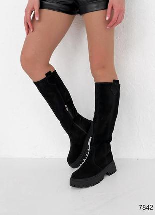 Модні чорні жіночі високі чоботи на масивній підошві,замшеві/натуральна замша-жіноче взуття на зиму5 фото