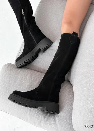 Модні чорні жіночі високі чоботи на масивній підошві,замшеві/натуральна замша-жіноче взуття на зиму8 фото