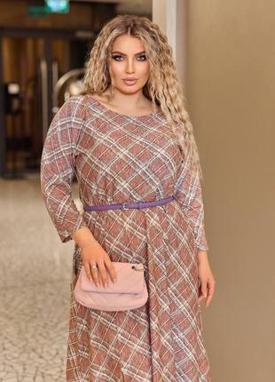 Платье миди батал талия на резинке под поясок вырез овал рукав цельнокроенный 3/4 юбка полуклеш с разрезом и карманами ткань корейский трикотаж