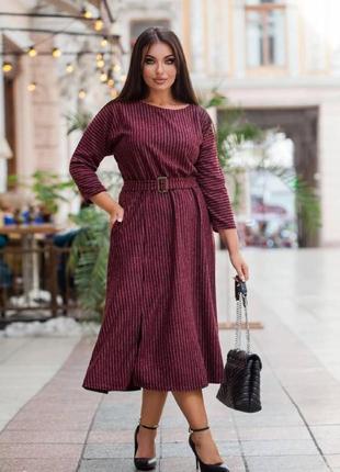 Платье миди батал талия на резинке под поясок вырез овал рукав цельнокроенный 3/4 юбка полуклеш с разрезом и карманами ткань ангора софт