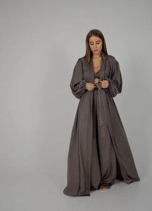 Жіночий костюм diana в піжамному стилі для дому та сну комплект-трійка бра халат штани тканина шовк віскоза1 фото