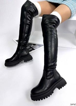 Ботфоры сапоги выше колена зимние зима с мехом на высокой подошве платформе танкетке...