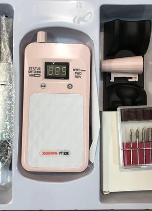 Портативний фрезер для нігтів nail drill yt-928 акумуляторний з індикатором заряду на 35 000 оборотів. колір: рожевий1 фото