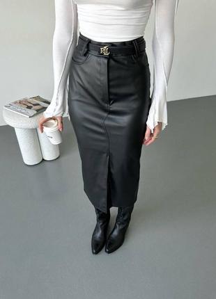 Кожаная юбка миди4 фото
